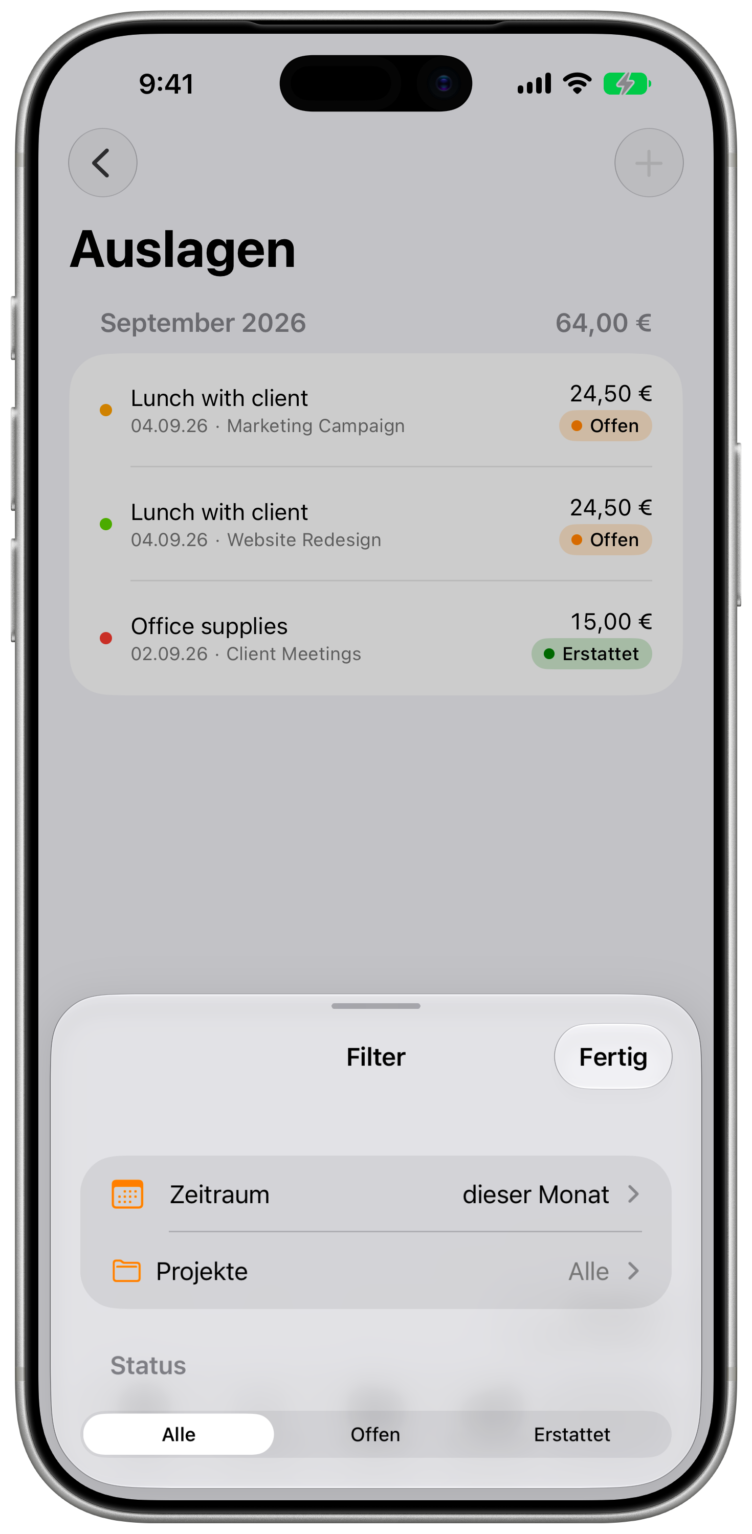 Filter für Auslagen mit Zeitraum, Projekten und Status.