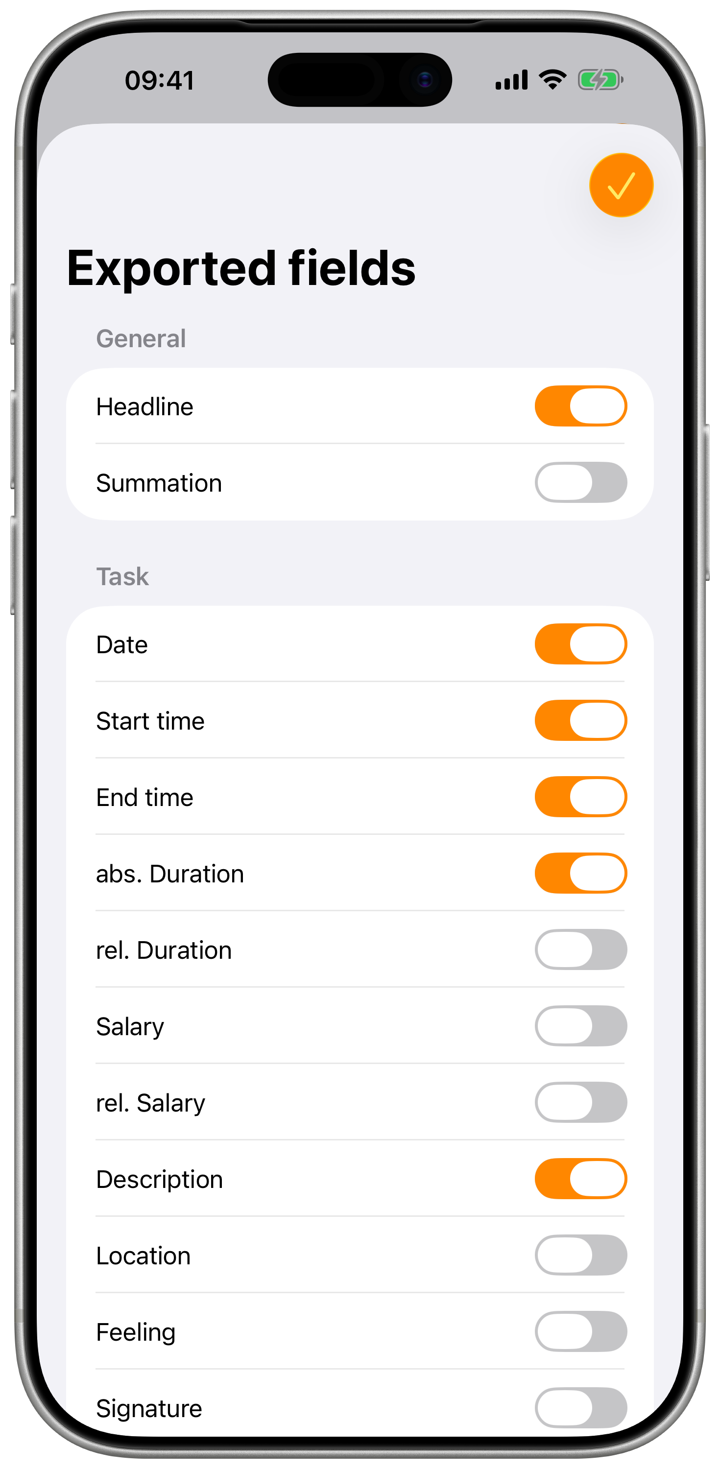 Export field selection showing toggles for each column.