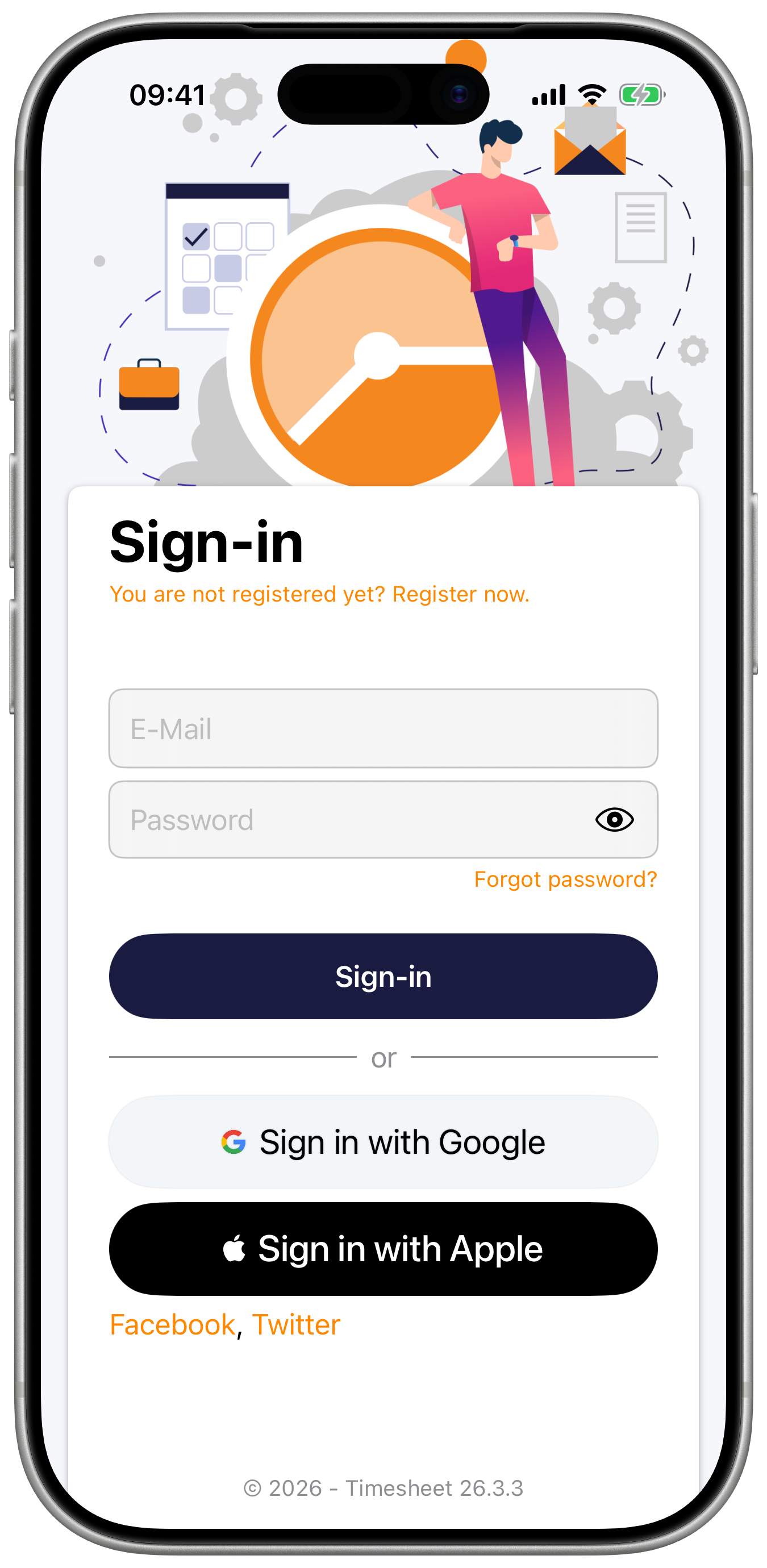 Sign-in options including Apple, Google, Facebook, and email.