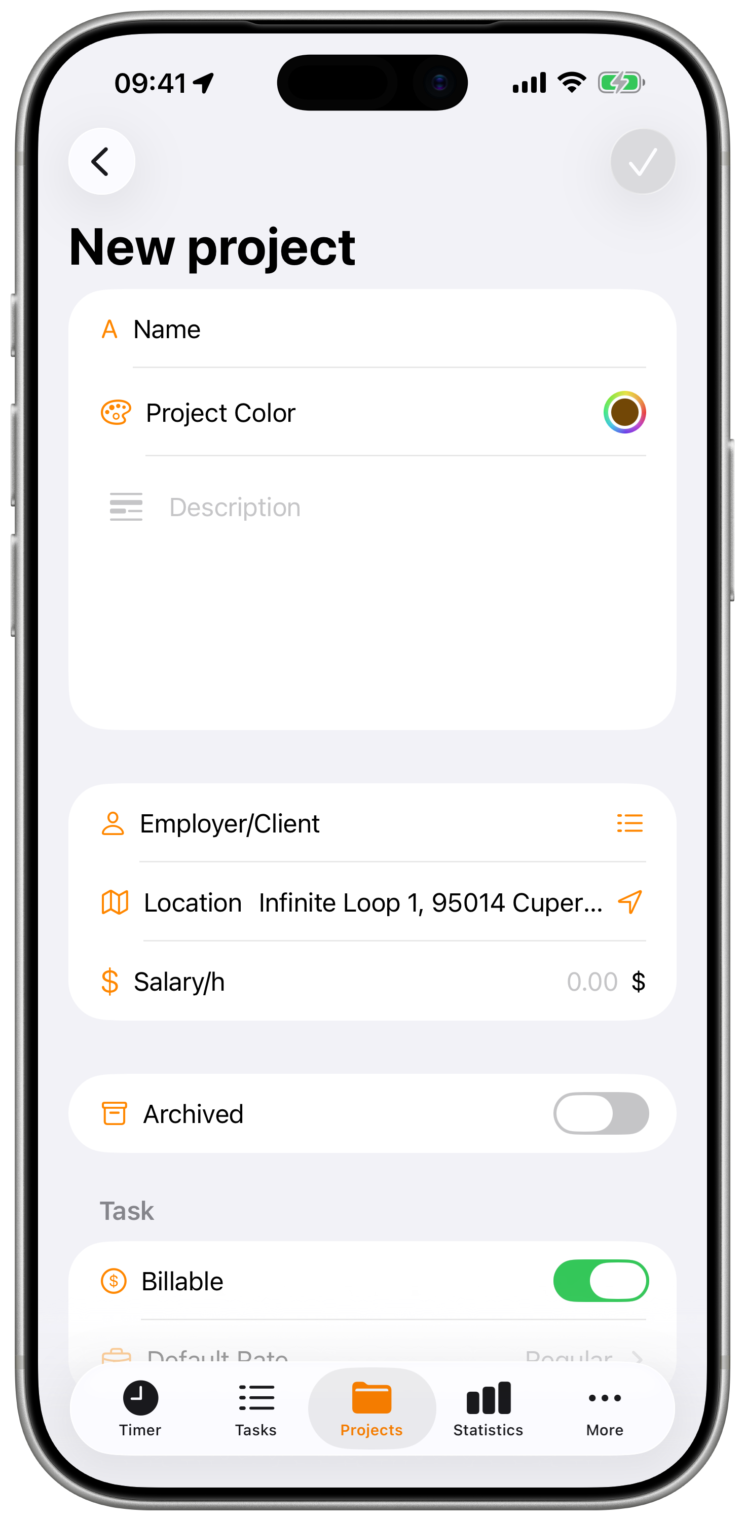 Create Project form with name, color, and rate fields.