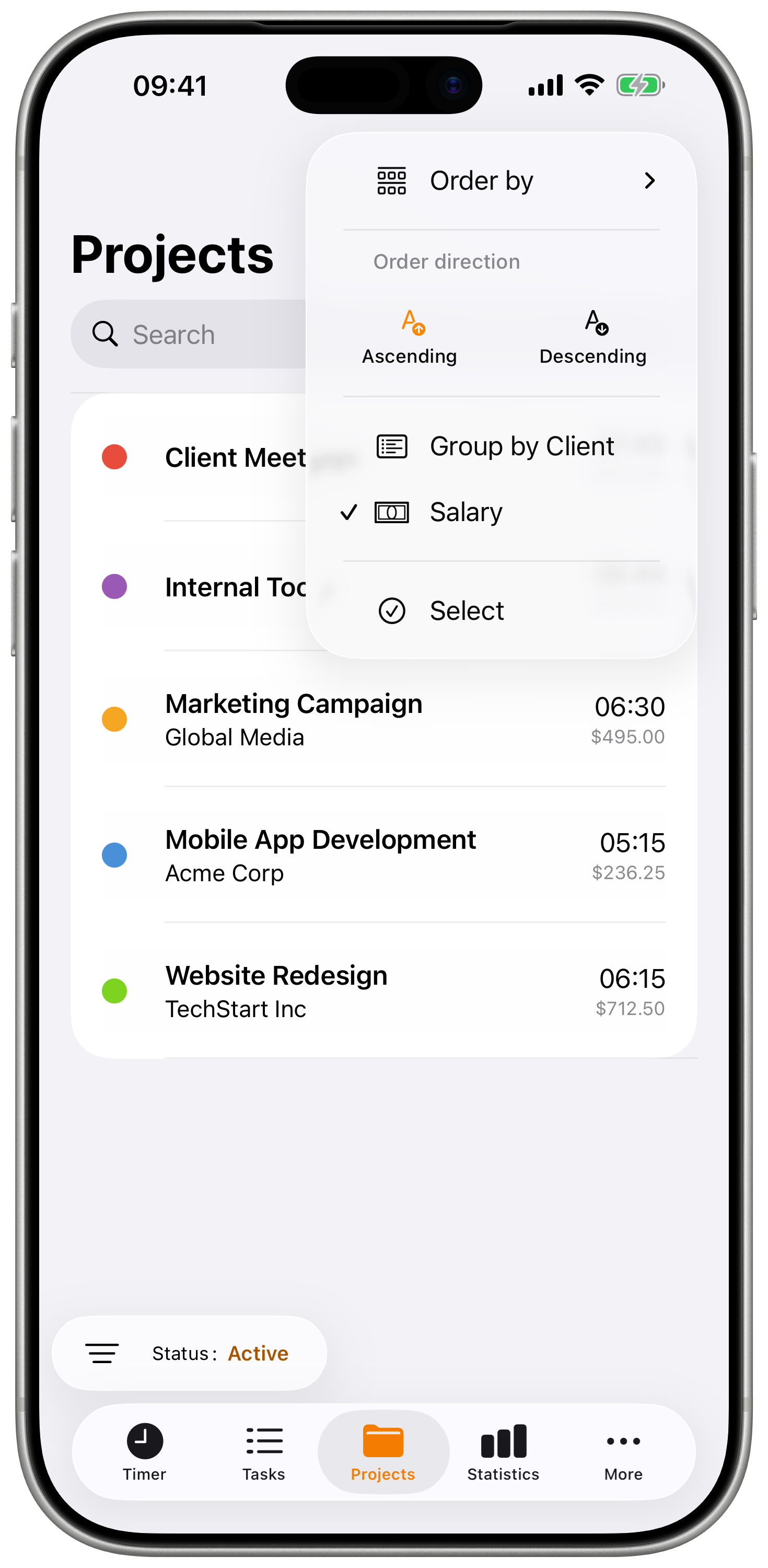 Edit Project form with name, color, client, location, salary, and task defaults.