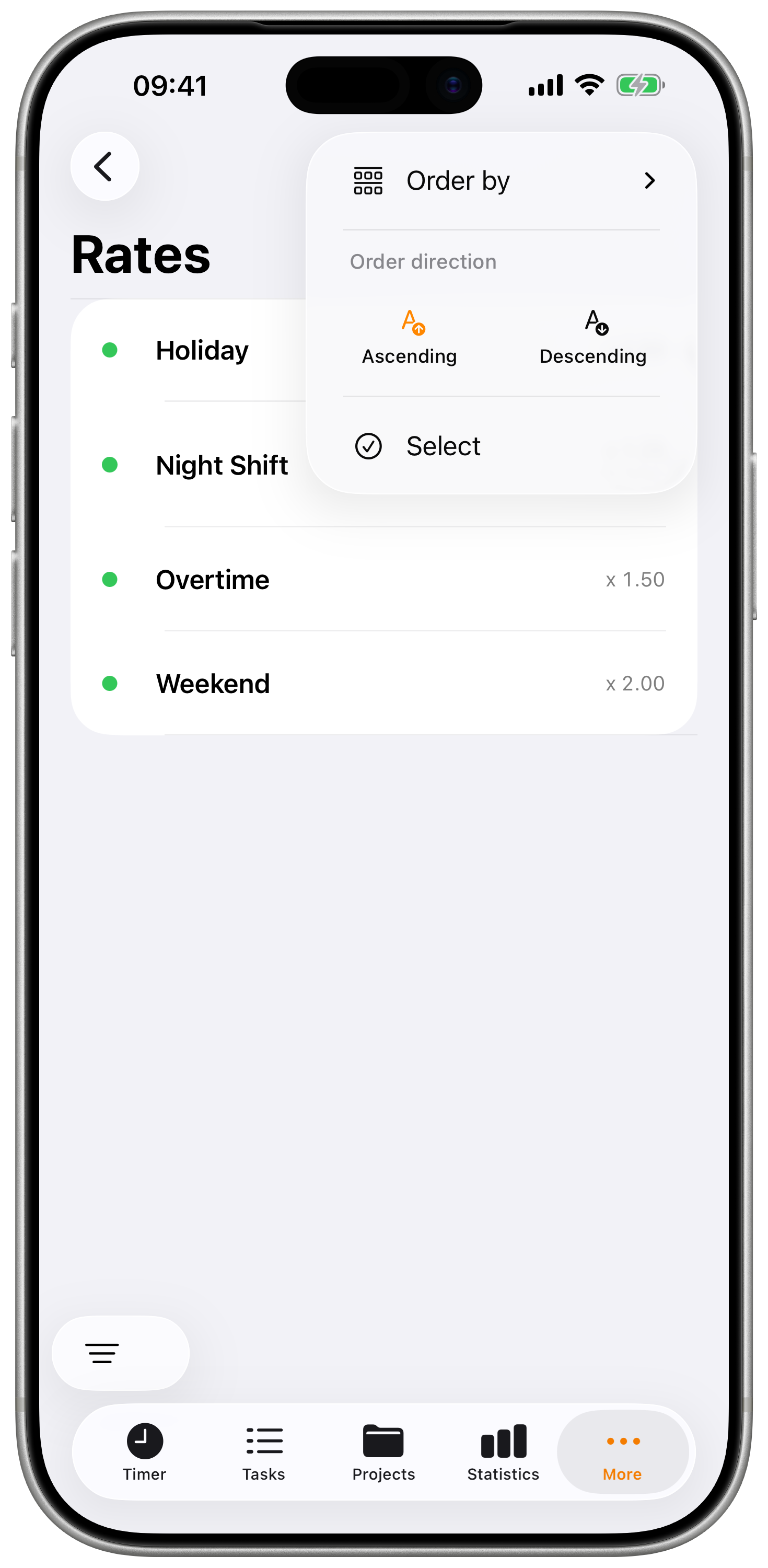 Create Rate form with title, factor, and extra per hour.