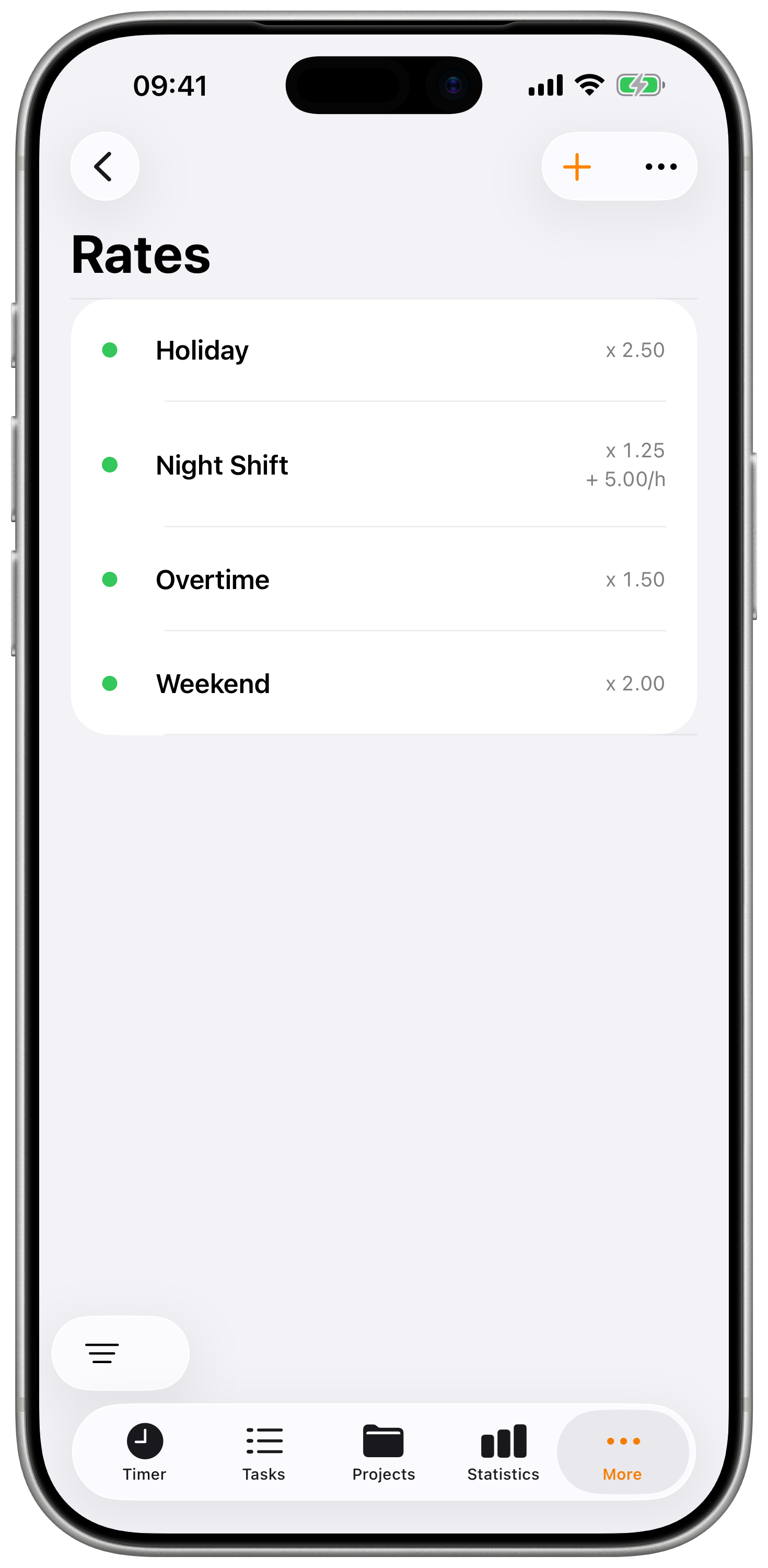 Rates list showing standard, overtime, and weekend rate examples.