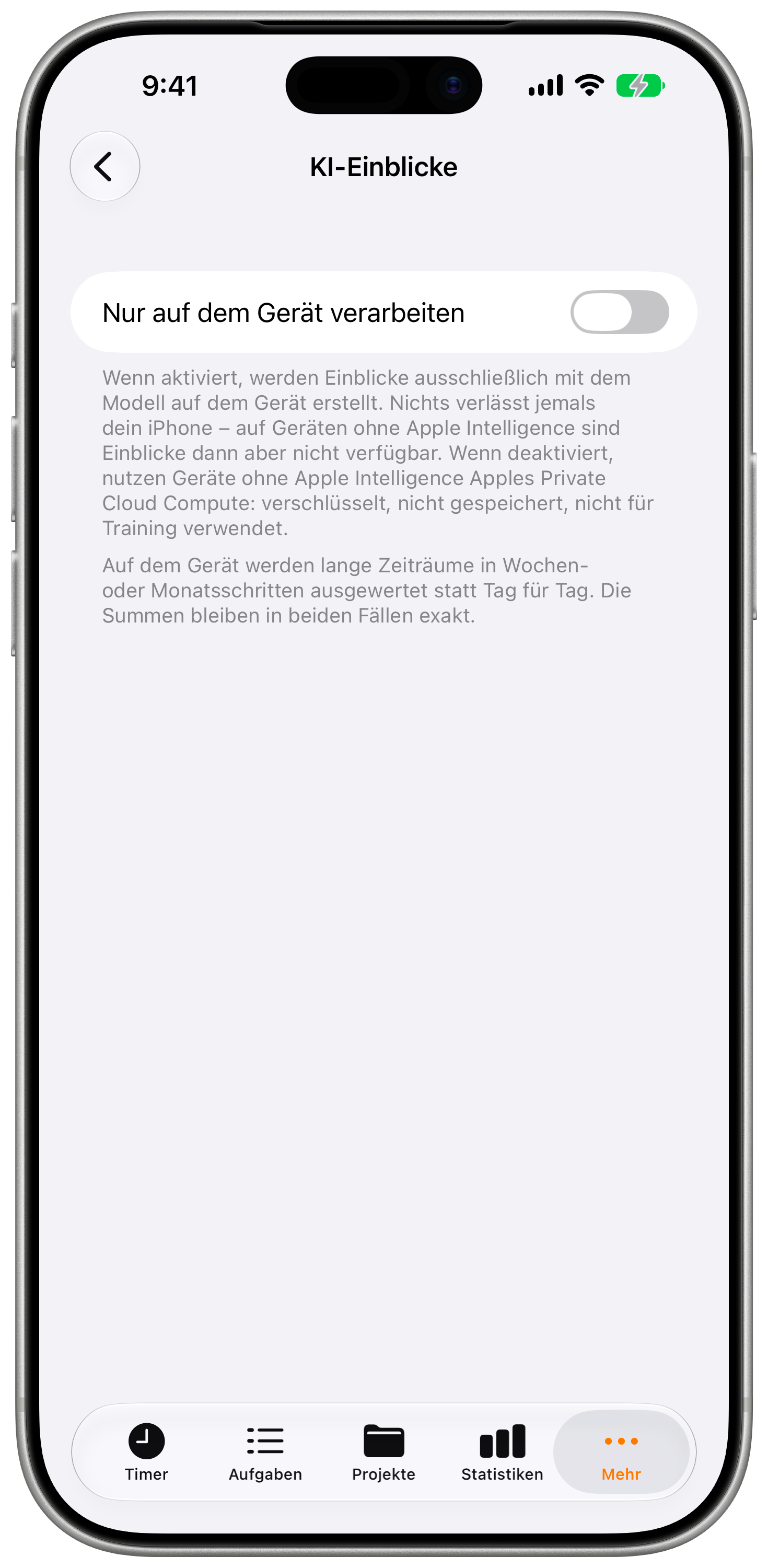 Einstellungen für KI-Einblicke mit dem Schalter für die Verarbeitung auf dem Gerät
