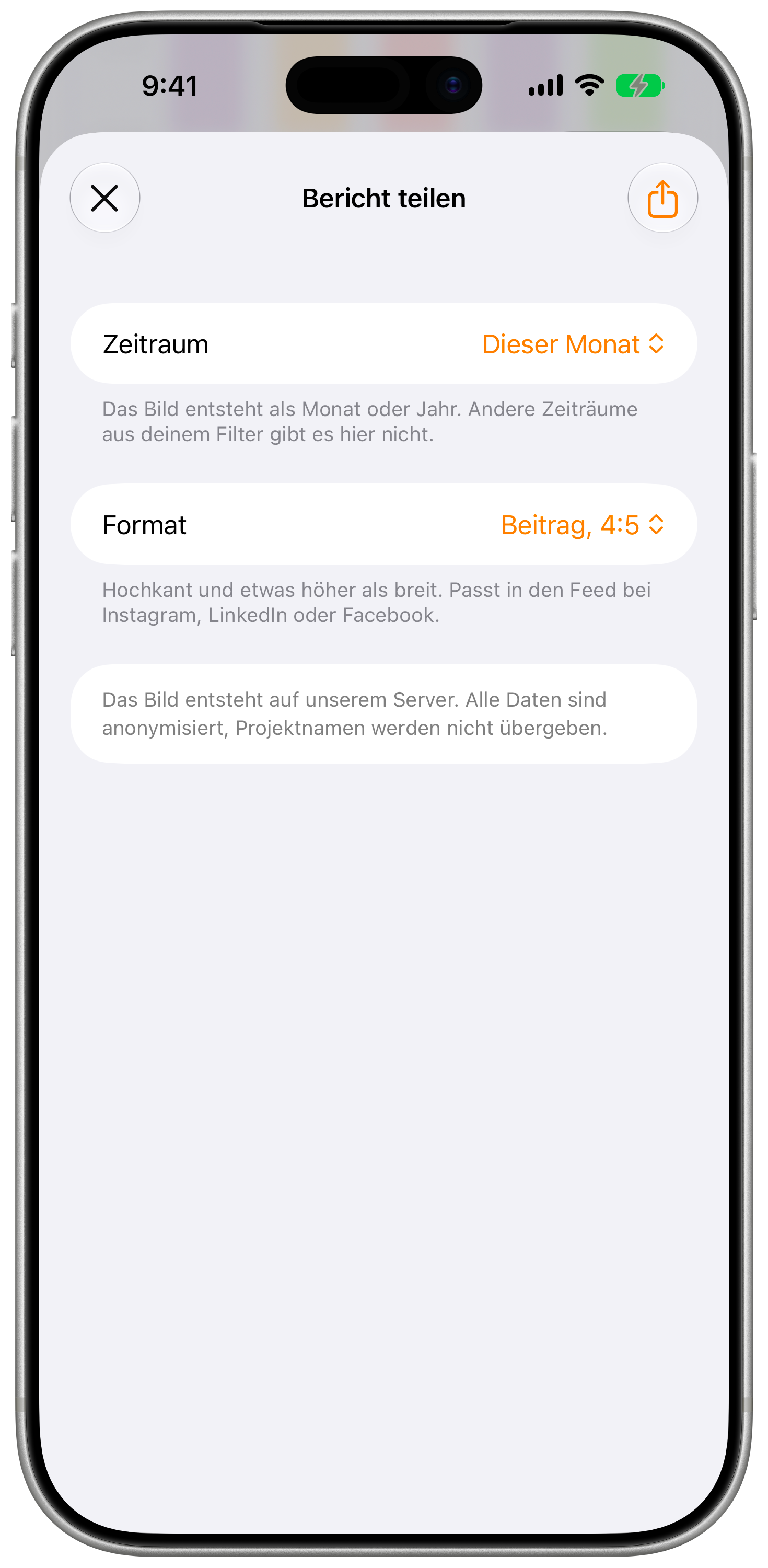 Formular zum Teilen mit Auswahl von Zeitraum und Format.