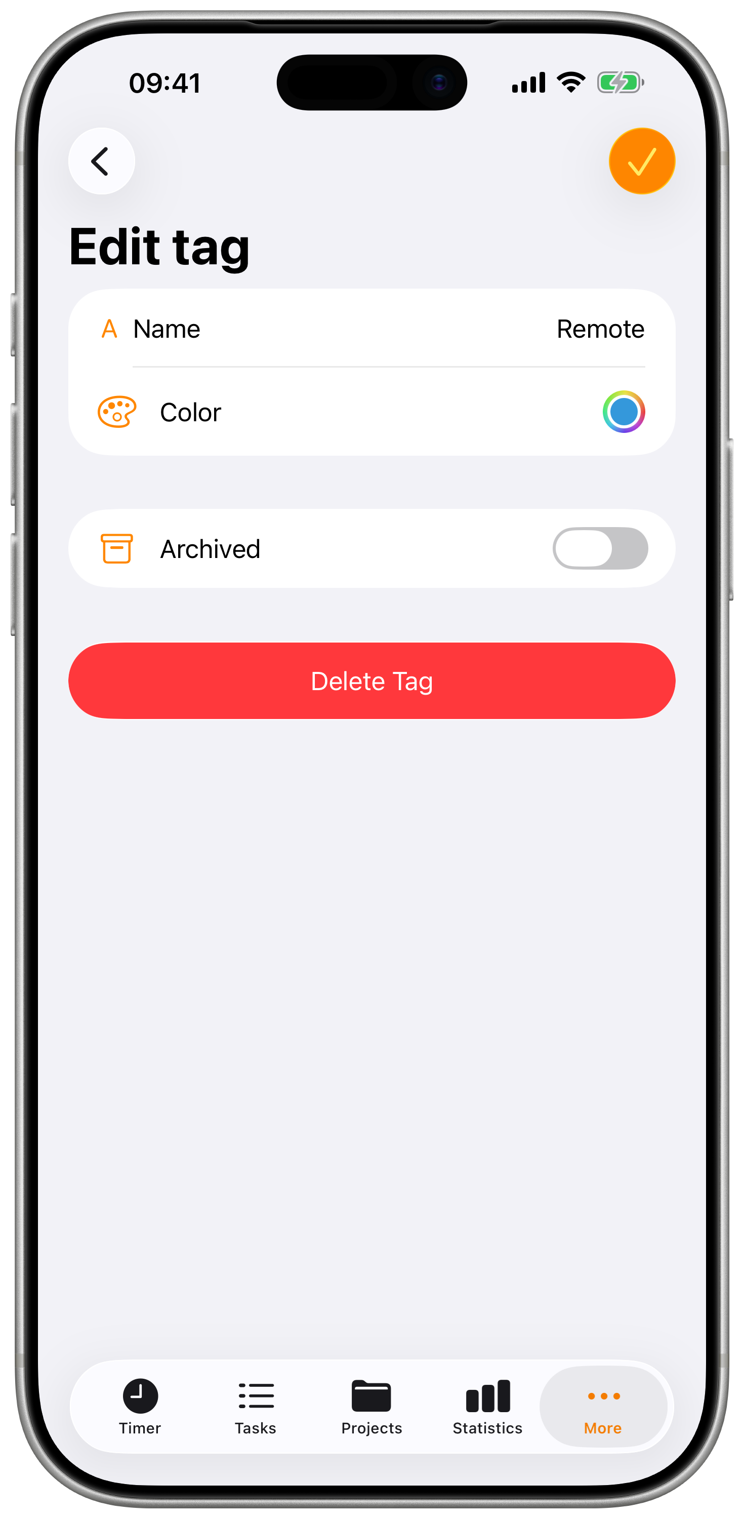 Edit Tag screen letting you change a tag's name and color.