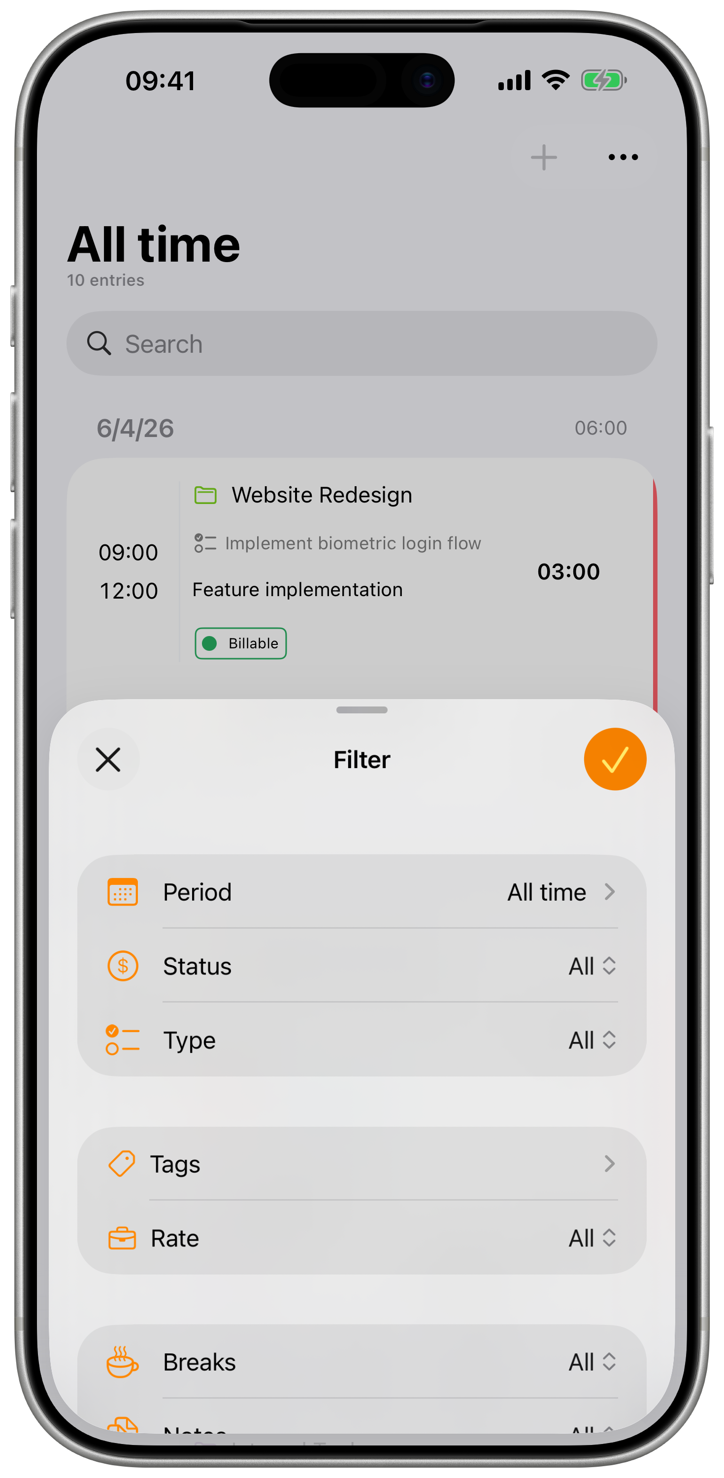 Task filter form with time range, project, status, type, and other filters.