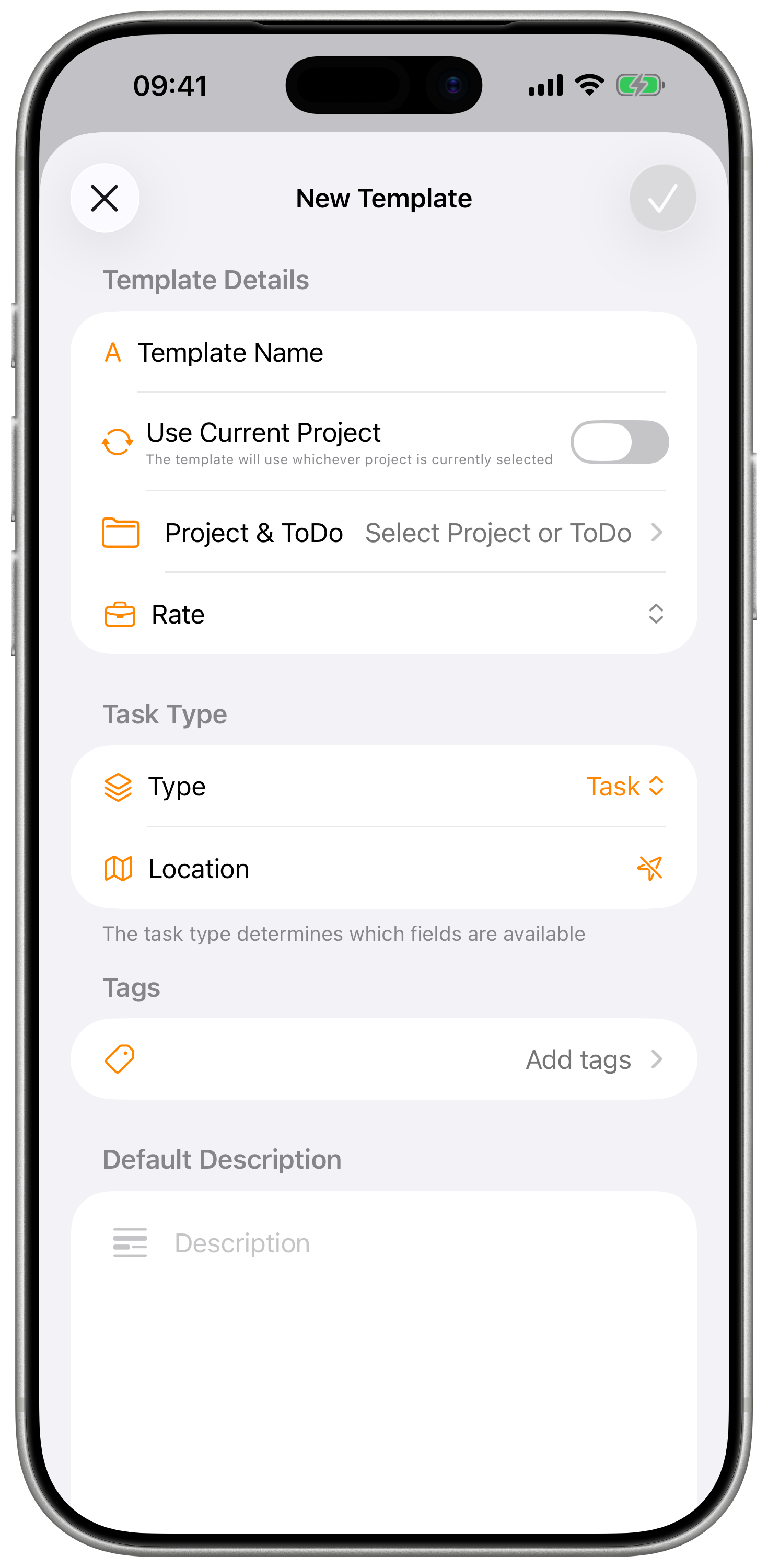 Template edit form with title, project, rate, description, location, tags, and billable toggle.
