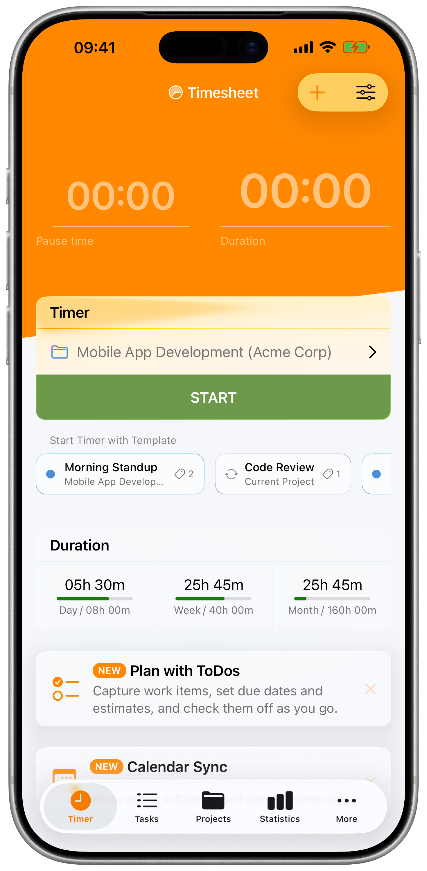 Advanced start sheet with custom start time, task type, rate, and location fields.