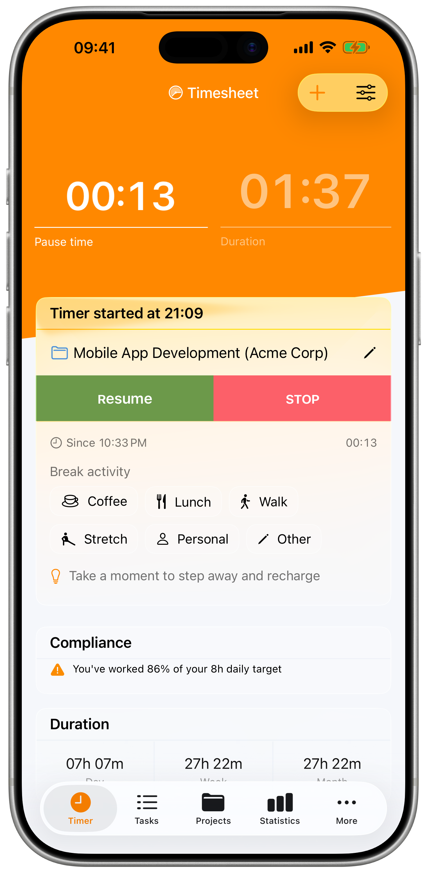 Paused timer screen showing the accumulated break duration and Resume / Stop controls.