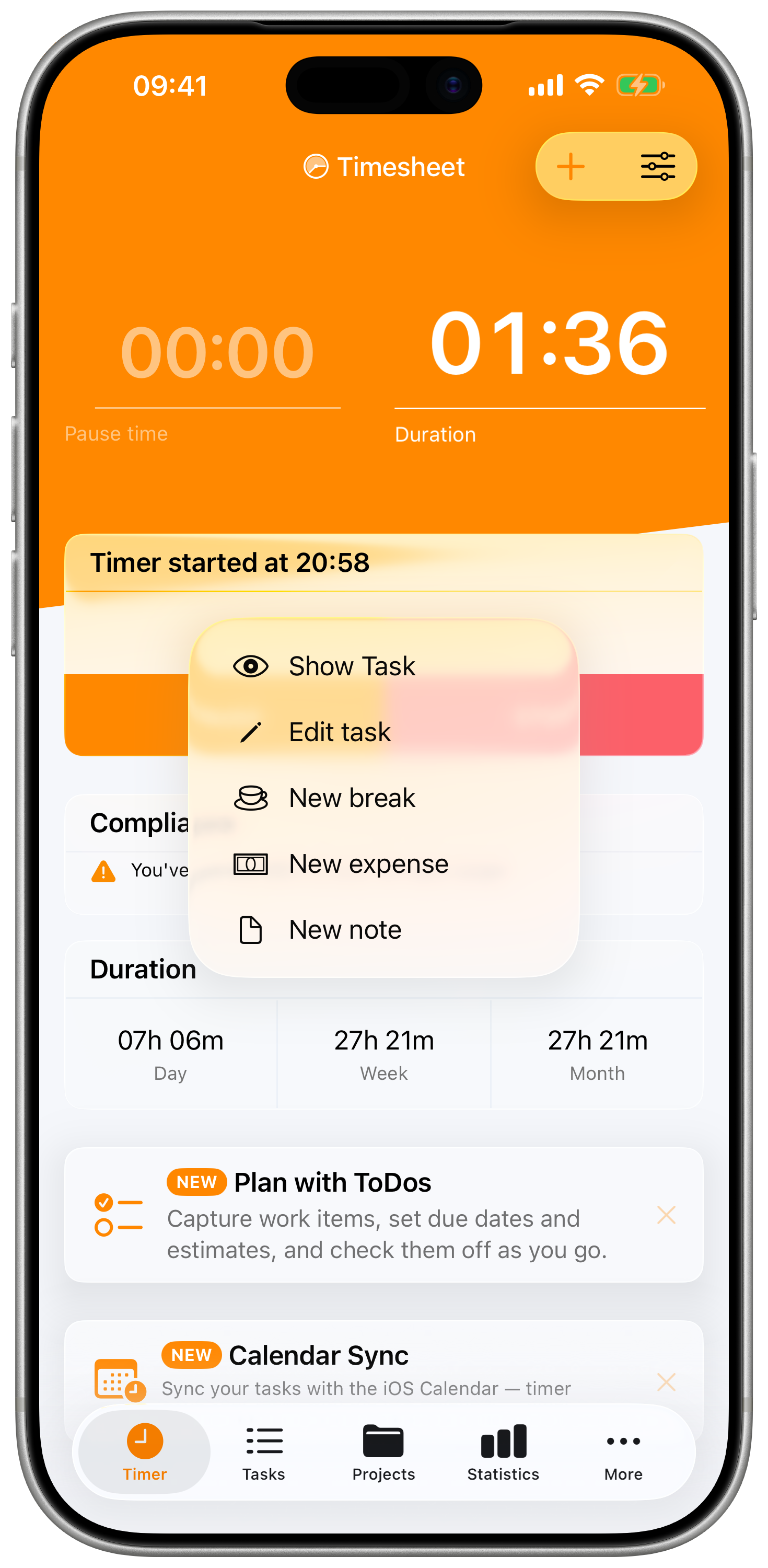 Quick actions menu attached to the running task: show, edit, add tags, new break, new expense, new note.