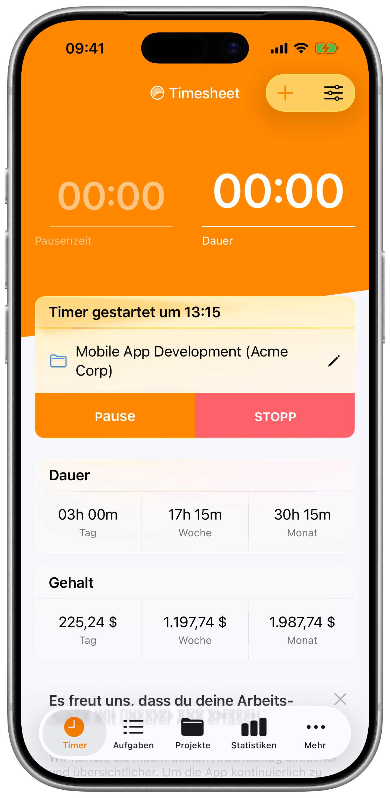 Laufender Timer-Bildschirm mit live verstrichener Zeit, aktivem Projekt sowie Pause- und Stopp-Steuerung.