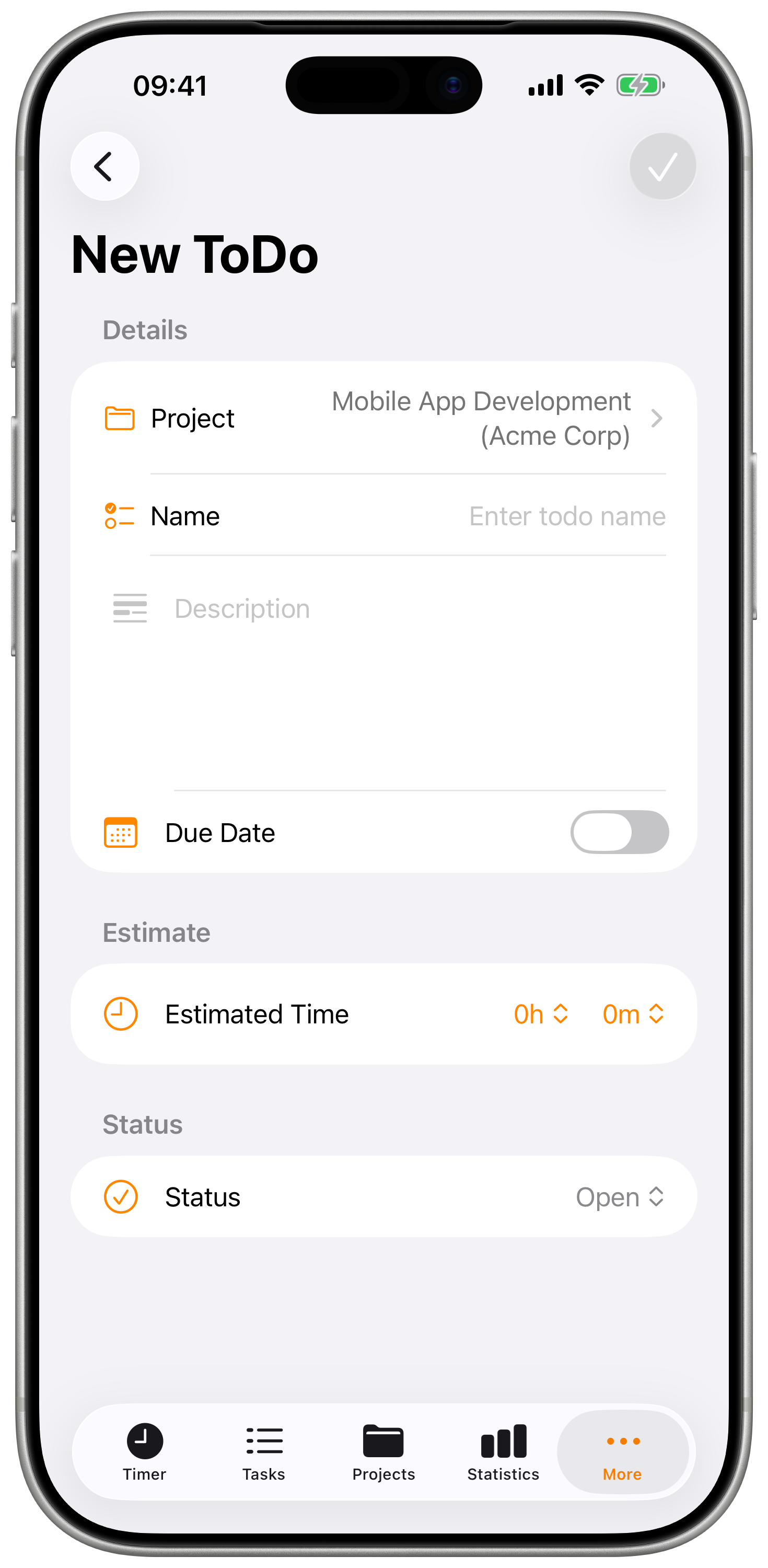 Create ToDo form with project, name, due date, estimate, and status fields.